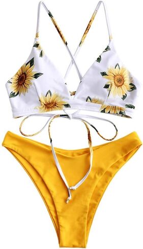 ZAFUL Women's Sexy Triangle Bikini Set Floral Print Spaghetti Strap 2 Piece Swimsuit Crisscross High Cut Bathing Suit in Kuwait