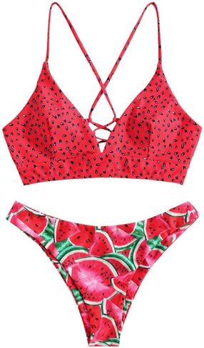 ZAFUL Women's Sexy Triangle Bikini Set Floral Print Spaghetti Strap 2 Piece Swimsuit Crisscross High Cut Bathing Suit in Kuwait