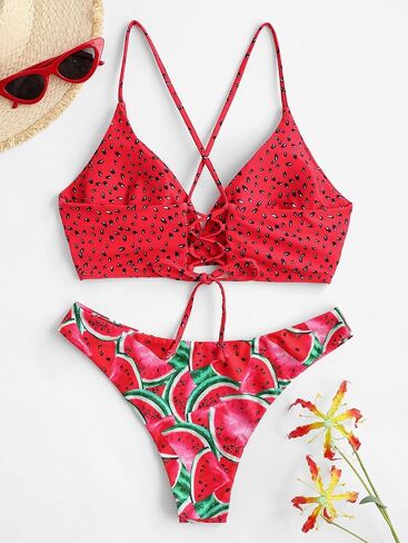 ZAFUL Women's Sexy Triangle Bikini Set Floral Print Spaghetti Strap 2 Piece Swimsuit Crisscross High Cut Bathing Suit in Kuwait