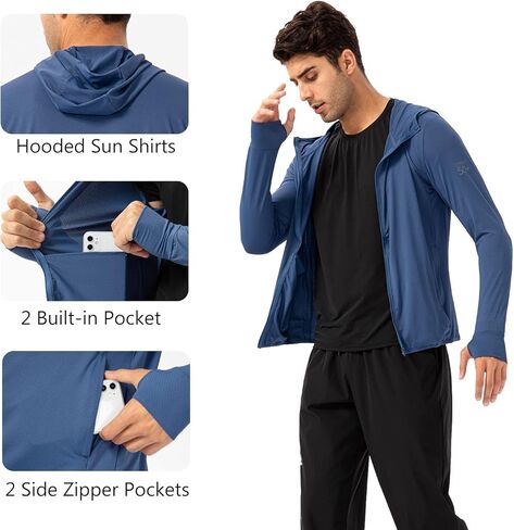 سترة بغطاء للرأس للرجال من HCYXMFC بسحاب كامل للحماية من أشعة الشمس بعامل حماية من أشعة الشمس 50+، قمصان طويلة الأكمام مع جيوب للتنزه سيرًا على الأقدام وتمارين الصيد in Kuwait