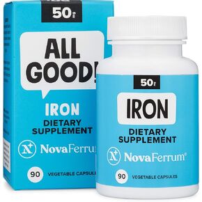 NovaFerrum All Good | Iron Supplement for Adults | 50mg of Iron Per Capsule | Supplement for Iron Deficiency in Men & Women | Vegan Verified | Gluten Free Certified | Sugar Free | 90 Count in Saudi Arabia