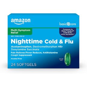 Amazon Basic Care Cold and Flu Relief, Daytime and Nighttime Combo Pack Softgels, Powerful Cold Medicine for Day and Night Multi-Symptom Relief, 48 Count(Pack of 1) in Saudi Arabia