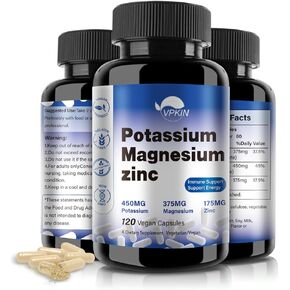 مكمل VPKIN البوتاسيوم والمغنيسيوم 1000 ملغ، أسبارتات المغنيسيوم والبوتاسيوم والزنك يدعم صحة الأوعية الدموية والعظام والقلب والعضلات والأعصاب، غير معدل وراثيًا، نباتي، (120 كبسولة)