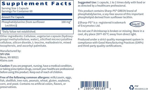 Klaire Labs Phosphatidyl Serine sf - Phosphatidylserine from Sunflower Lecithin (60 Capsules) in Saudi Arabia