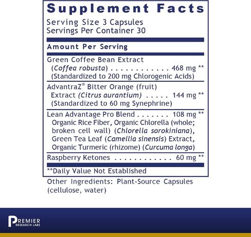 Premier Research Labs Lean Advantage - Features Green Coffee Bean Extract, Bitter Orange Extract & Raspberry - Supports Healthy Weight Management & Lean Body Mass - 90 Plant-Source Capsules in Saudi Arabia