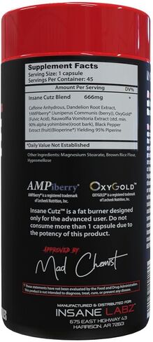 Insane Labz Insane Cutz حارق الدهون المكثف للرجال والنساء، مكمل حراري لفقدان الوزن مع مستخلص جذر الهندباء مدعوم بـ AMPiberry، مثبط الشهية - 45 وجبة يومية (45 كبسولة) in Kuwait