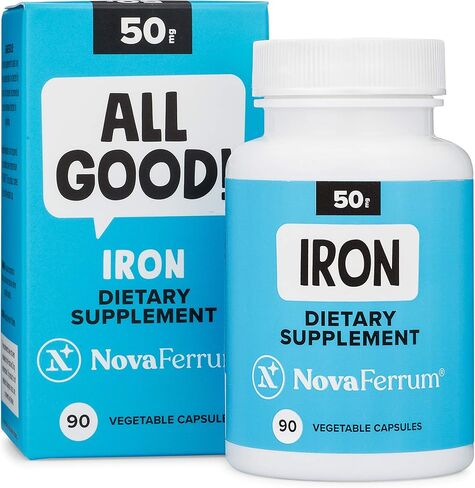 NovaFerrum All Good | Iron Supplement for Adults | 50mg of Iron Per Capsule | Supplement for Iron Deficiency in Men & Women | Vegan Verified | Gluten Free Certified | Sugar Free | 90 Count in Saudi Arabia