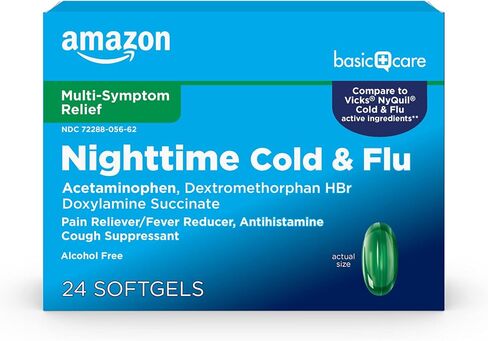 Amazon Basic Care Cold and Flu Relief, Daytime and Nighttime Combo Pack Softgels, Powerful Cold Medicine for Day and Night Multi-Symptom Relief, 48 Count(Pack of 1) in Saudi Arabia