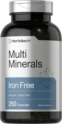 Multi Minerals Supplement | 250 Capsules | Iron Free | Daily Mineral Complex for Men and Women | Non-GMO & Gluten Free | by Horbaach in Saudi Arabia