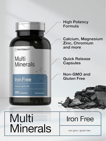 Multi Minerals Supplement | 250 Capsules | Iron Free | Daily Mineral Complex for Men and Women | Non-GMO & Gluten Free | by Horbaach in Saudi Arabia