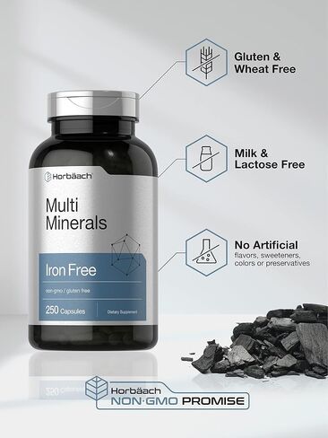 Multi Minerals Supplement | 250 Capsules | Iron Free | Daily Mineral Complex for Men and Women | Non-GMO & Gluten Free | by Horbaach in Saudi Arabia