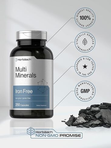 Multi Minerals Supplement | 250 Capsules | Iron Free | Daily Mineral Complex for Men and Women | Non-GMO & Gluten Free | by Horbaach in Saudi Arabia