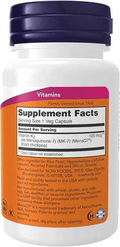 NOW Supplements, MK-7 Vitamin K-2 100 mcg, Cardiovascular Support*, Supports Bone Health*, 60 Veg Capsules in Kuwait