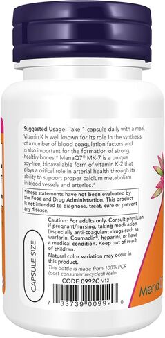 NOW Supplements, MK-7 Vitamin K-2 100 mcg, Cardiovascular Support*, Supports Bone Health*, 60 Veg Capsules in Kuwait