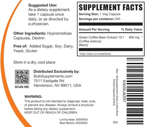 BULKSUPPLEMENTS.COM Green Coffee Bean Extract Capsules - Green Coffee Bean Supplements, Green Coffee Bean Capsules - Green Coffee Bean 8000mg, Vegan - 1 Capsule per Serving, 240 Veg Capsules in Saudi Arabia