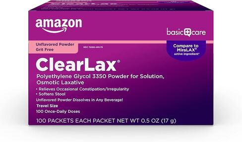 Amazon Basic Care ClearLax، مسحوق بولي إيثيلين جلايكول 3350 للحل، ملين تناضحي، بدون نكهة، 0.5 أونصة لكل منهما، 10 قطع (عبوة من قطعة واحدة) in Kuwait