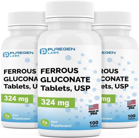 Puregen Labs غلوكونات الحديد 324 ملغ [فعالية عالية] مكمل حديد، لطيف على المعدة - 100 قرص in Kuwait