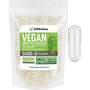 XPRS Nutra Size 0 - كبسولات نباتية فارغة - نباتية - حشوة كبسولة نباتية DIY - كبسولات حبوب نباتية أغطية فارغة (100 قطعة، شفافة) in Kuwait