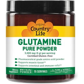 Country Life Glutamine Pure Powder 5000mg, 9.7oz Powder, 55 Servings, Supports Muscle Tissue - Supports Intestinal & Immune Cells - Pharmaceutical Grade Amino Acid, Certified Gluten-Free in Kuwait