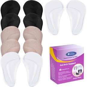Correct-Position Gel Arch Support Insoles: Plantar Fasciitis & Flat Feet Relief, Adhesive Foot Pads for Pressure-Free Comfort- 6 Pairs (Clear*2+Black*2+Blue*1+Pink*1)