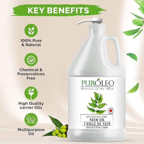 PUROLEO NEEM Oil 128 Fl Oz/3784 ML (Packed In Canada) 100% Pure and Natural Neem Oil for Multipurpose Use | Neem Oil extracted from NEEM Plante Chemical free Neem Oil Spray in Saudi Arabia