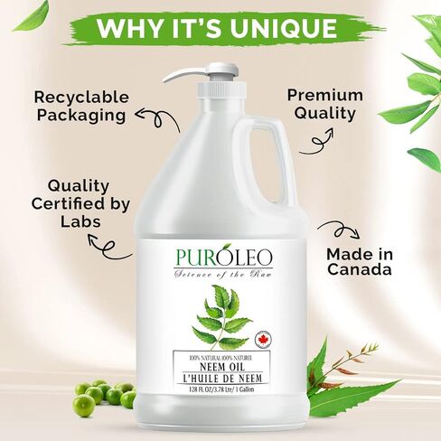PUROLEO NEEM Oil 128 Fl Oz/3784 ML (Packed In Canada) 100% Pure and Natural Neem Oil for Multipurpose Use | Neem Oil extracted from NEEM Plante Chemical free Neem Oil Spray in Saudi Arabia