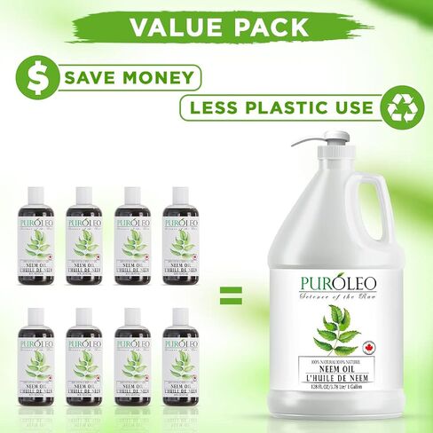 PUROLEO NEEM Oil 128 Fl Oz/3784 ML (Packed In Canada) 100% Pure and Natural Neem Oil for Multipurpose Use | Neem Oil extracted from NEEM Plante Chemical free Neem Oil Spray in Saudi Arabia
