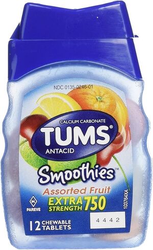 TUMS Smoothies Extra Strength Antacid Chewable Tablets for Heartburn Relief, Assorted Fruit - 12 Count in Kuwait