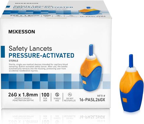 McKesson Safety Lancet, Retractable, Pressure-Activated Finger Device, Sterile - Ideal for Blood Testing - Single Use, 30 Gauge, 1.5mm Depth, 100 Count, 1 Pack in Kuwait