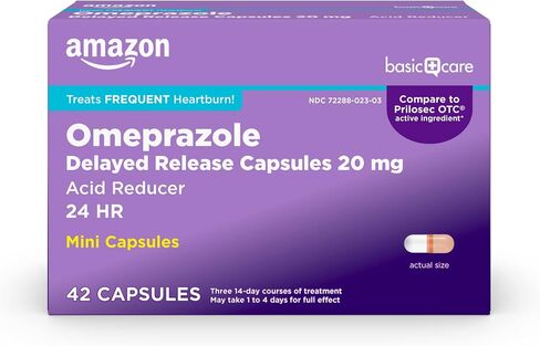Amazon Basic Care Omeprazole Delayed Release Mini Capsules 20 mg, Acid Reducer, Treats Frequent Heartburn, 24HR, 42 Count in Kuwait