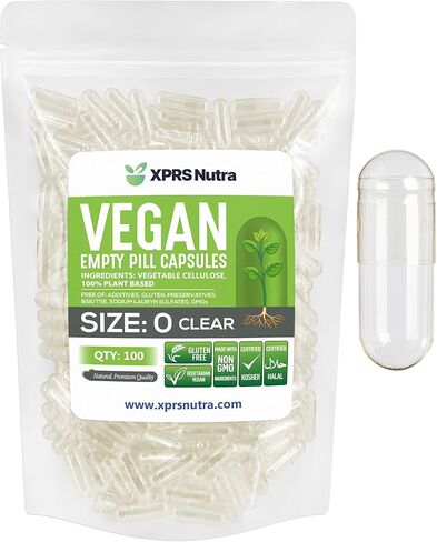 XPRS Nutra Size 0 - كبسولات نباتية فارغة - نباتية - حشوة كبسولة نباتية DIY - كبسولات حبوب نباتية أغطية فارغة (100 قطعة، شفافة) in Kuwait