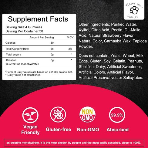 Creatine Monohydrate Gummies for Men & Women 5g, Sugar Free Chewable Creatine for Muscle Gain & Strength, ATP Energy, Muscle Recovery, Brain Health, Gluten Free, Non-GMO, 99% Absorbed, 30 Servings in Kuwait