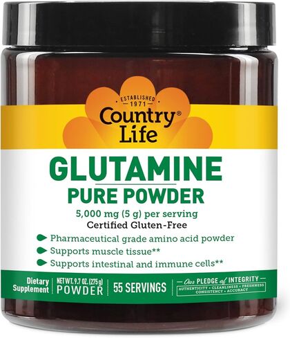 Country Life Glutamine Pure Powder 5000mg, 9.7oz Powder, 55 Servings, Supports Muscle Tissue - Supports Intestinal & Immune Cells - Pharmaceutical Grade Amino Acid, Certified Gluten-Free in Saudi Arabia