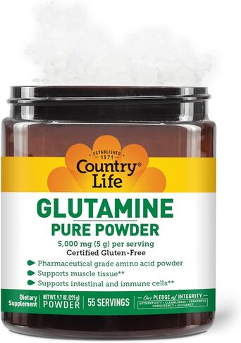 Country Life Glutamine Pure Powder 5000mg, 9.7oz Powder, 55 Servings, Supports Muscle Tissue - Supports Intestinal & Immune Cells - Pharmaceutical Grade Amino Acid, Certified Gluten-Free in Saudi Arabia