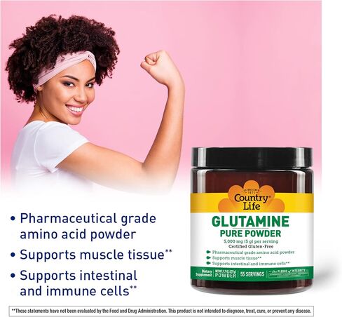 Country Life Glutamine Pure Powder 5000mg, 9.7oz Powder, 55 Servings, Supports Muscle Tissue - Supports Intestinal & Immune Cells - Pharmaceutical Grade Amino Acid, Certified Gluten-Free in Saudi Arabia