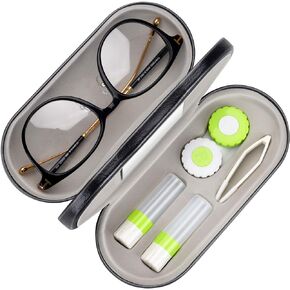 Muf 2 in 1 Double Sided Portable Contact Lens Case and Eyeglasses Case,Dual Use Design with Built-in Mirror,Tweezer and Contact Lens Solution Bottle Included for Travel Kit,Black