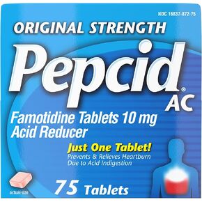 أقراص Pepcid AC الأصلية لتخفيف حرقة المعدة، تمنع وتخفف حرقة المعدة بسبب عسر الهضم الحمضي والمعدة الحامضة، 10 مجم فاموتيدين لتقليل الحمض والتحكم فيه، سريع المفعول، 75 قيراط