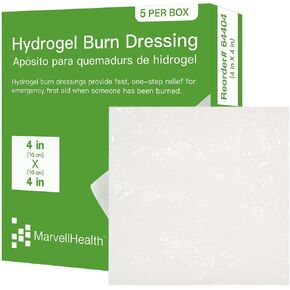 ضمادة مارفيل هيلث هيدروجيل للحروق مقاس 10.16 سم × 10.16 سم، عبوة من 5 وسادات معقمة فردية، استخدام الإسعافات الأولية، بارد، مهدئ، يحمي جميع الحروق، ناعم وقابل للتوافق in Kuwait
