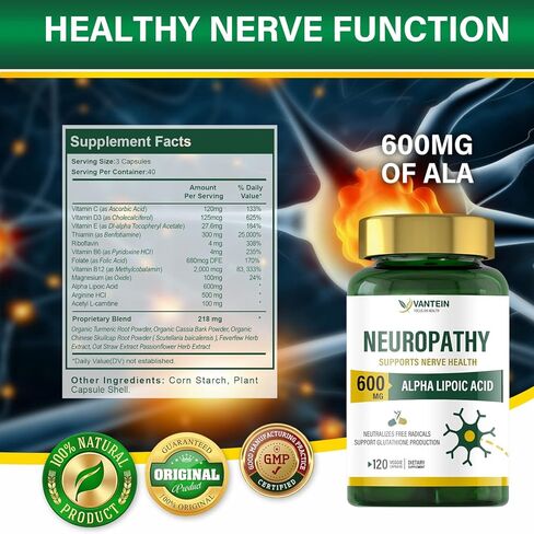 مزيج غذائي لصحة الأعصاب من فانتين مع 600 مجم من حمض ألفا ليبويك - بنفوتيامين، محيطي، القدمين، أصابع اليد، الساقين، أصابع القدم، أفضل قوة قصوى من الفيتامينات الطبيعية المتجددة - 120 كبسولة in Kuwait