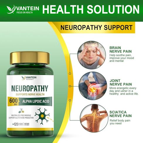 مزيج غذائي لصحة الأعصاب من فانتين مع 600 مجم من حمض ألفا ليبويك - بنفوتيامين، محيطي، القدمين، أصابع اليد، الساقين، أصابع القدم، أفضل قوة قصوى من الفيتامينات الطبيعية المتجددة - 120 كبسولة in Kuwait