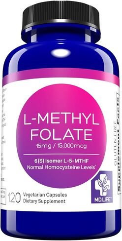 MD Life L Methylfolate 15 mg - Professional-Grade Active Methylfolate Supplement - Maximum Potency MTHFR Supplements - L-methylfolate 15 mg 60 Capsules - Essential Amino Acids in Kuwait