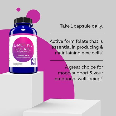 MD Life L Methylfolate 15 mg - Professional-Grade Active Methylfolate Supplement - Maximum Potency MTHFR Supplements - L-methylfolate 15 mg 60 Capsules - Essential Amino Acids in Kuwait