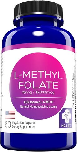 MD Life L Methylfolate 15 mg - Professional-Grade Active Methylfolate Supplement - Maximum Potency MTHFR Supplements - L-methylfolate 15 mg 60 Capsules - Essential Amino Acids in Kuwait