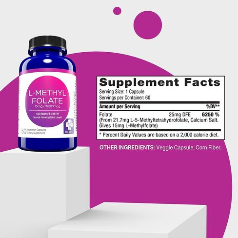MD Life L Methylfolate 15 mg - Professional-Grade Active Methylfolate Supplement - Maximum Potency MTHFR Supplements - L-methylfolate 15 mg 60 Capsules - Essential Amino Acids in Kuwait
