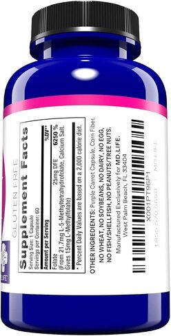 MD Life L Methylfolate 15 mg - Professional-Grade Active Methylfolate Supplement - Maximum Potency MTHFR Supplements - L-methylfolate 15 mg 60 Capsules - Essential Amino Acids in Kuwait