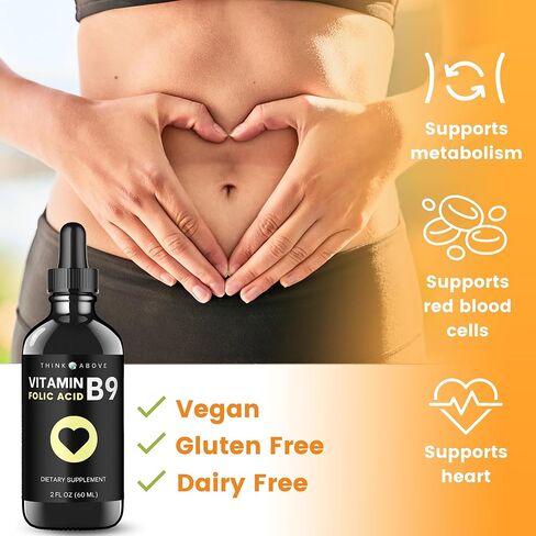 فكر فوق حمض الفوليك 295 ميكروجرام مكمل فيتامين ب9 السائل (حمض الفوليك 500 ميكروجرام DFE) سهل البلع - سريع الامتصاص 2 أونصة سائلة (60 مل) in Kuwait