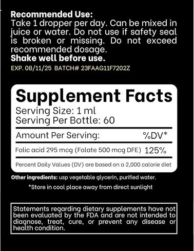 فكر فوق حمض الفوليك 295 ميكروجرام مكمل فيتامين ب9 السائل (حمض الفوليك 500 ميكروجرام DFE) سهل البلع - سريع الامتصاص 2 أونصة سائلة (60 مل) in Kuwait