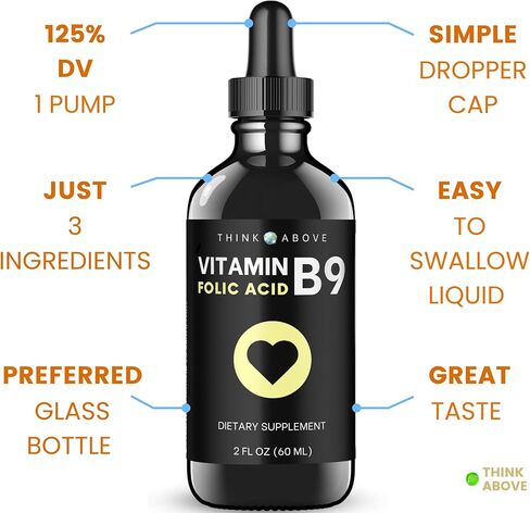 فكر فوق حمض الفوليك 295 ميكروجرام مكمل فيتامين ب9 السائل (حمض الفوليك 500 ميكروجرام DFE) سهل البلع - سريع الامتصاص 2 أونصة سائلة (60 مل) in Kuwait