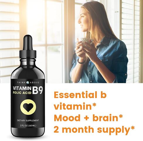 فكر فوق حمض الفوليك 295 ميكروجرام مكمل فيتامين ب9 السائل (حمض الفوليك 500 ميكروجرام DFE) سهل البلع - سريع الامتصاص 2 أونصة سائلة (60 مل) in Kuwait