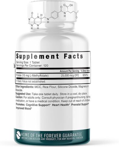 Nutri 5-MTHF L Methylfolate 15MG - 4 Month Supply, 120 Vegan Tablets - Methylated Folate Supplement - Cognitive Function, Heart Health, Prenatal Support - Methylated Folic Acid, MTHFR Supplement in Kuwait